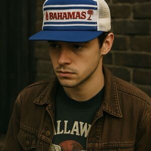 Vintage Bahamas Trucker Hat Mesh Snapback Blue White Red Sailboat Palm Tree Cap